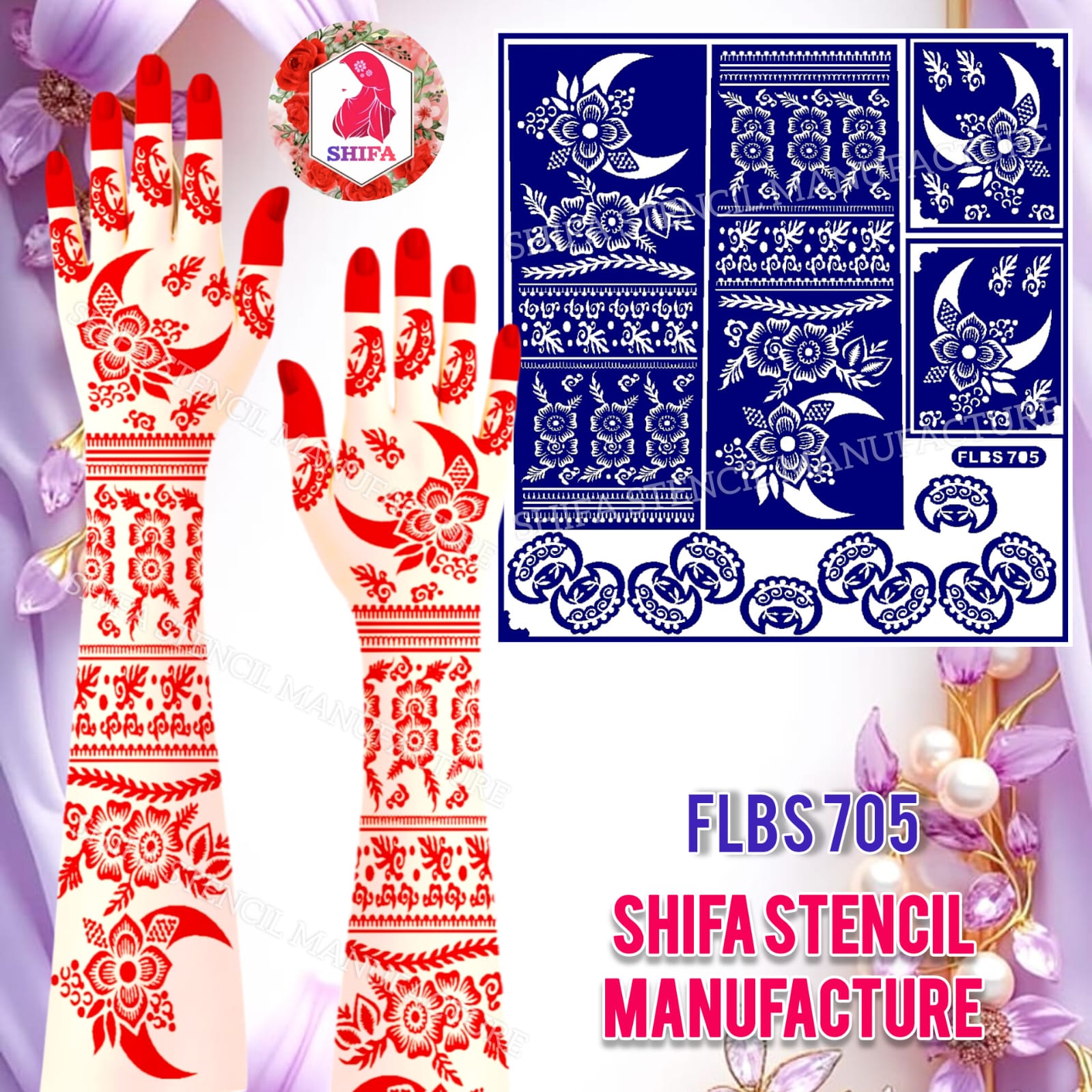 FLBS 705 Moonlit Blossom Charm Sticker Overview Henna Stencil - Shifa Stencil